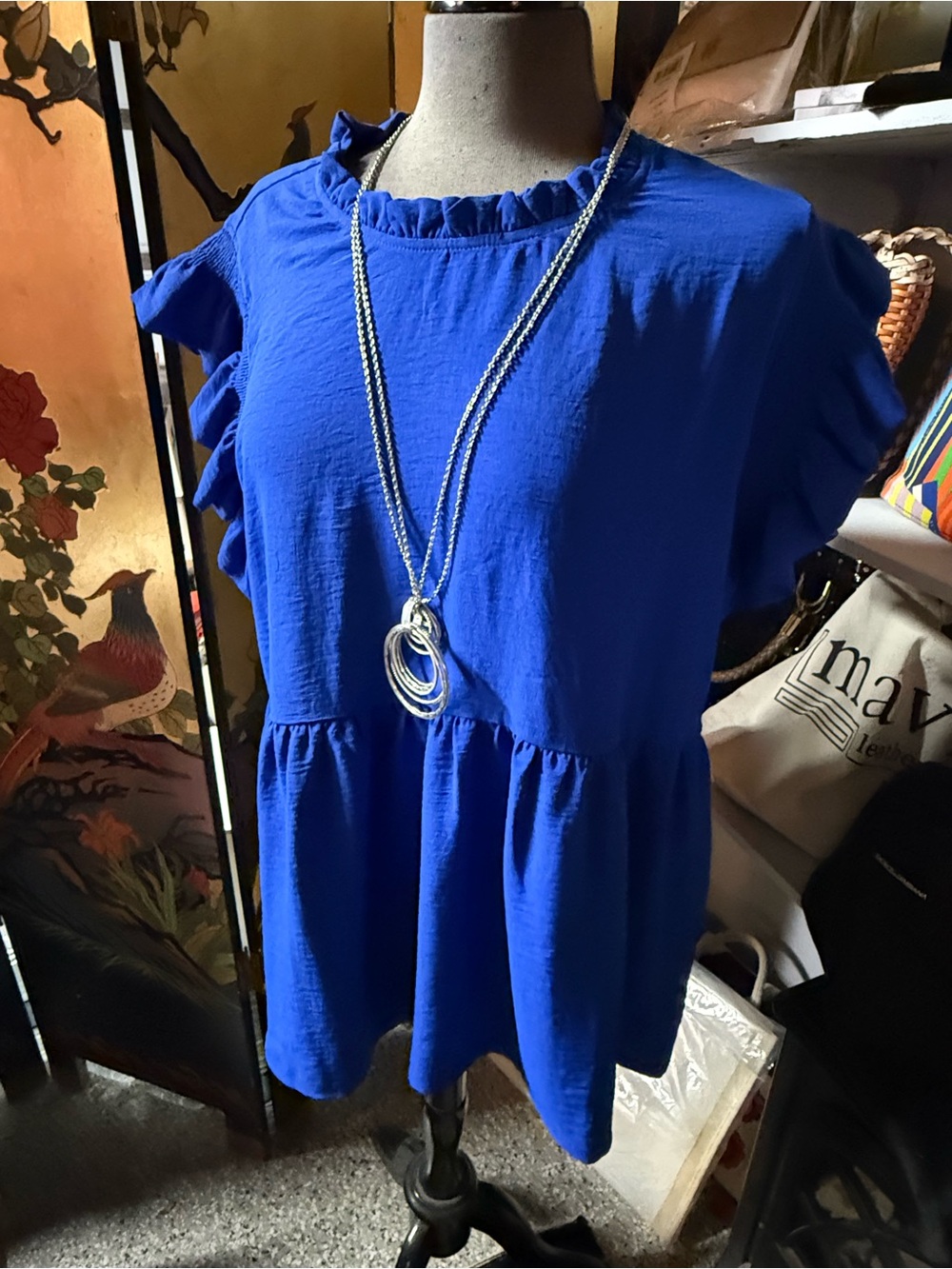 JODIFL Royal Blue Ruffle Sleeve Peplum Tunic 1x